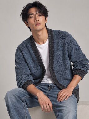 COS Men’s Grandpa Wool Blend Blue and Gray Open Cardigan with Dark Trim Sz XXL